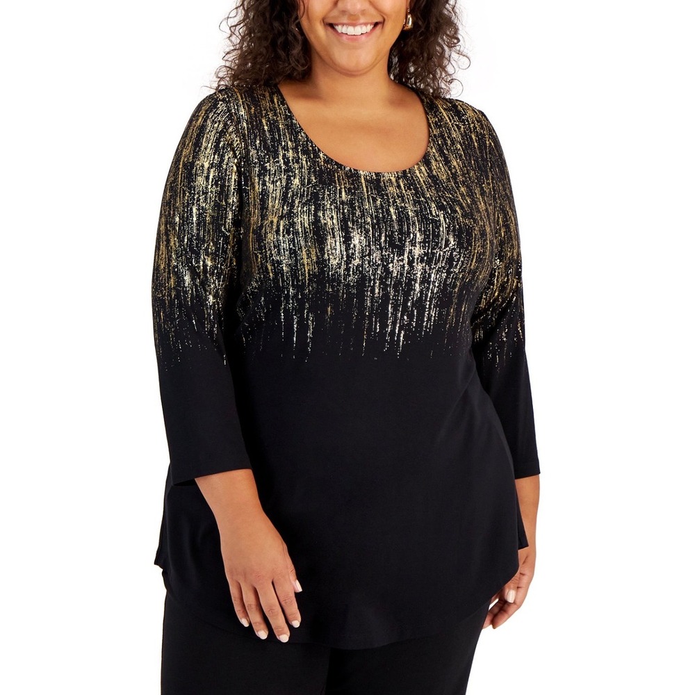 Karen Kane Black‎ Gold Metallic Scoop Neck 3/4 Sleeve Tunic Top Blouse 3X NWOT